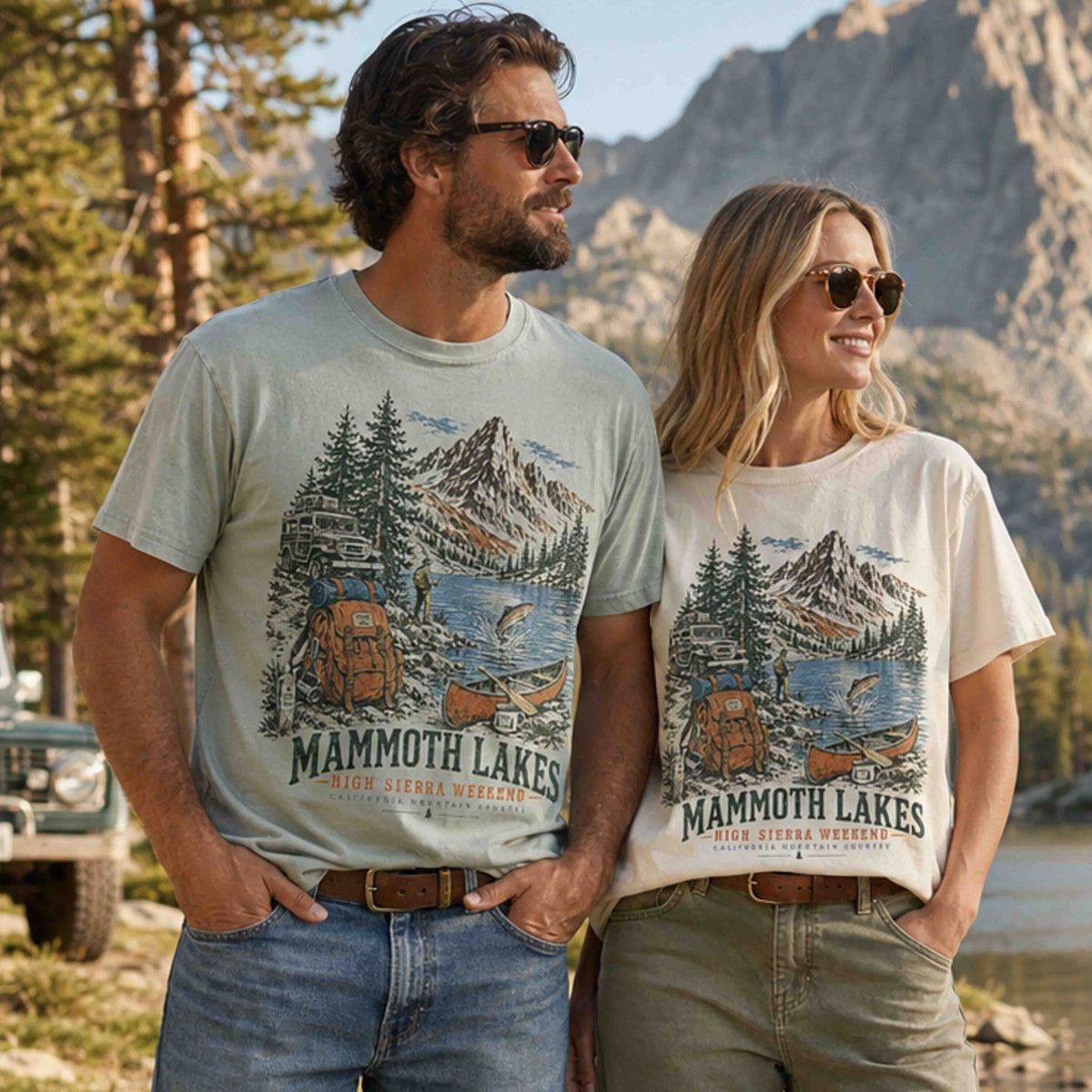 Couple wearing Mammoth Lakes California High Sierra Weekend graphic tees in a scenic mountain setting