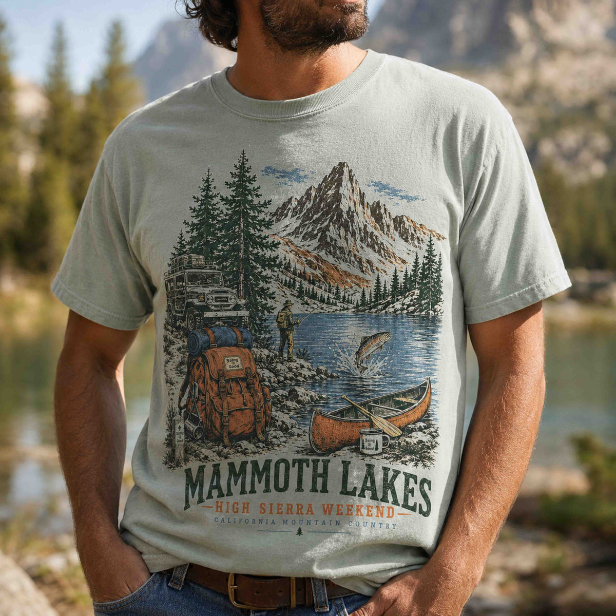 Mammoth Lakes California High Sierra Weekend graphic tee front design close-up