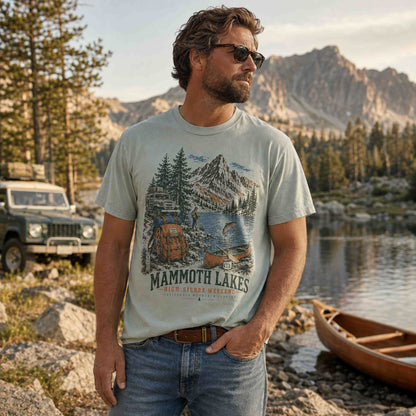 Mammoth Lakes High Sierra Weekend graphic tee lifestyle photo with California mountain scenery