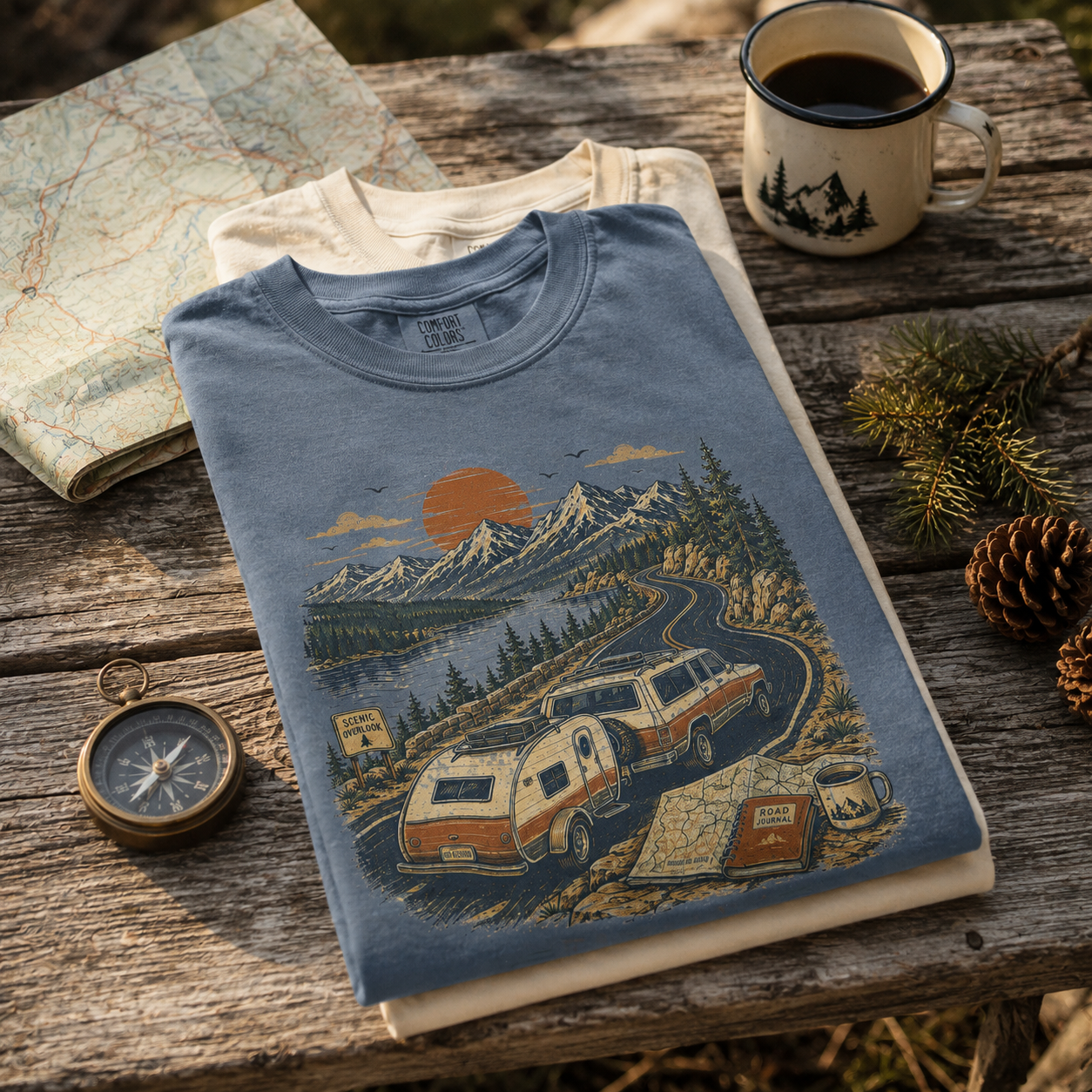 Man wearing Blue Jean Take the Scenic Route camping graphic tee outdoors