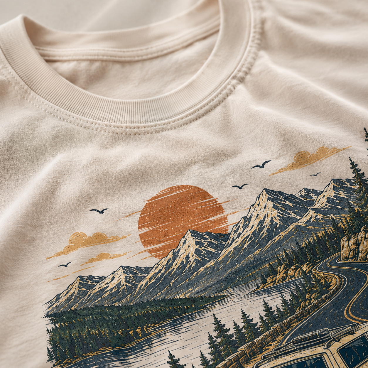 Folded Blue Jean and Ivory Take the Scenic Route camping graphic tees