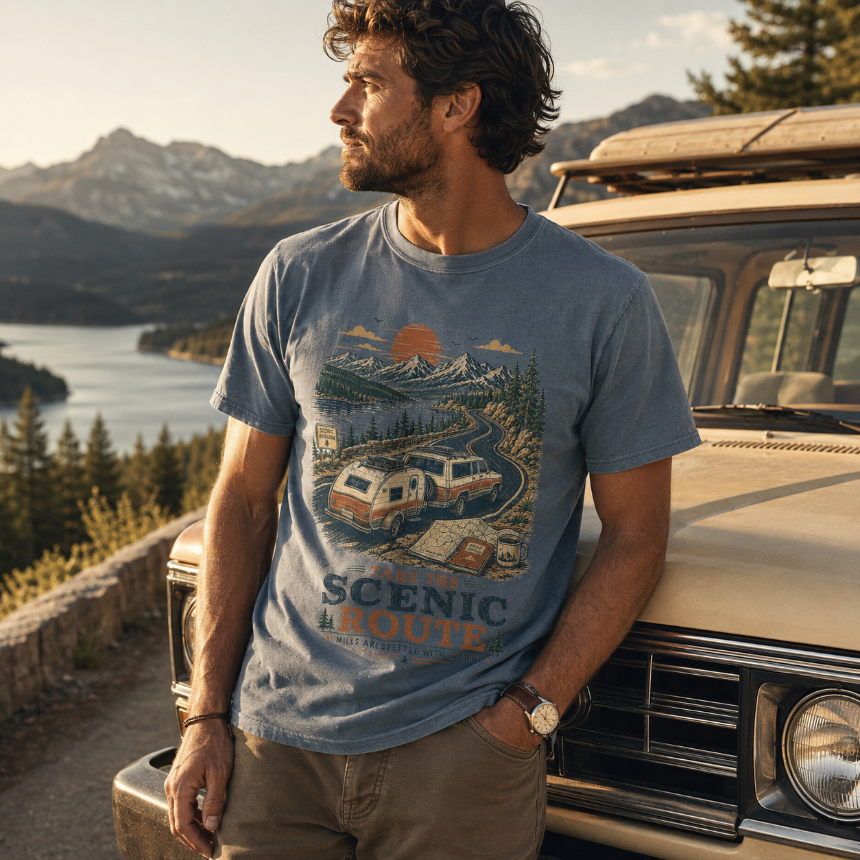 Couple wearing Take the Scenic Route camping graphic tees in Blue Jean and Ivory