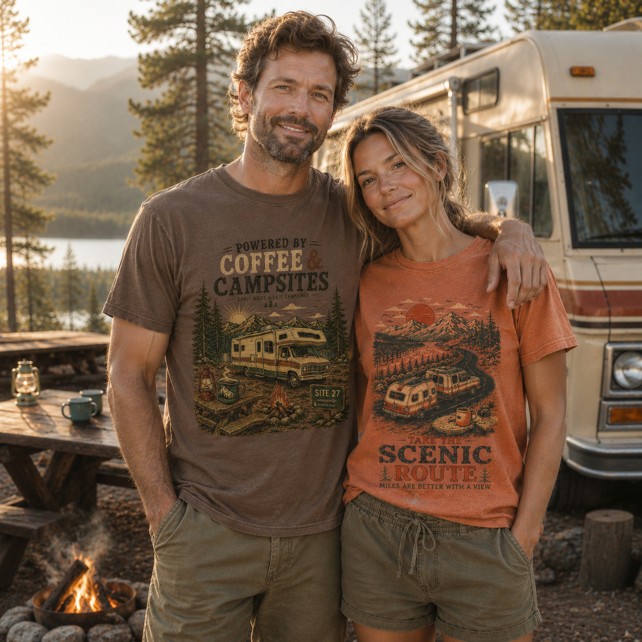 Couple wearing Coffee Campsites graphic tees in Espresso and Yam at a vintage campground