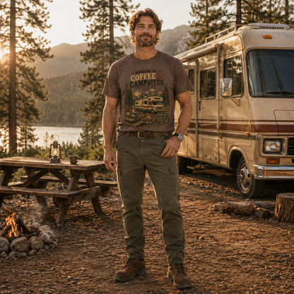 Close-up of Coffee Campsites vintage camping graphic on a garment-dyed tee