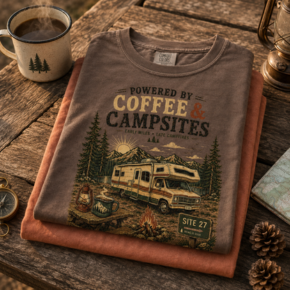 Coffee Campsites graphic tee lifestyle photo at an outdoor campground