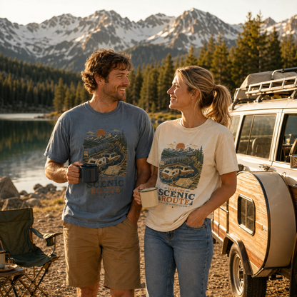 Woman wearing Ivory Take the Scenic Route camping graphic tee outdoors