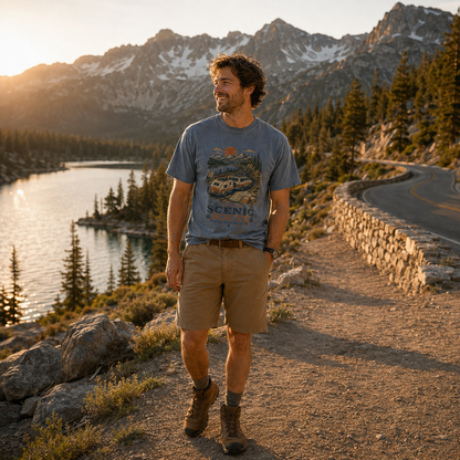 Close-up of Take the Scenic Route vintage camping graphic tee artwork