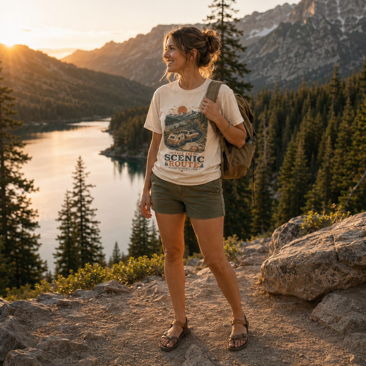 Editorial outdoor lifestyle photo of Take the Scenic Route camping graphic tee