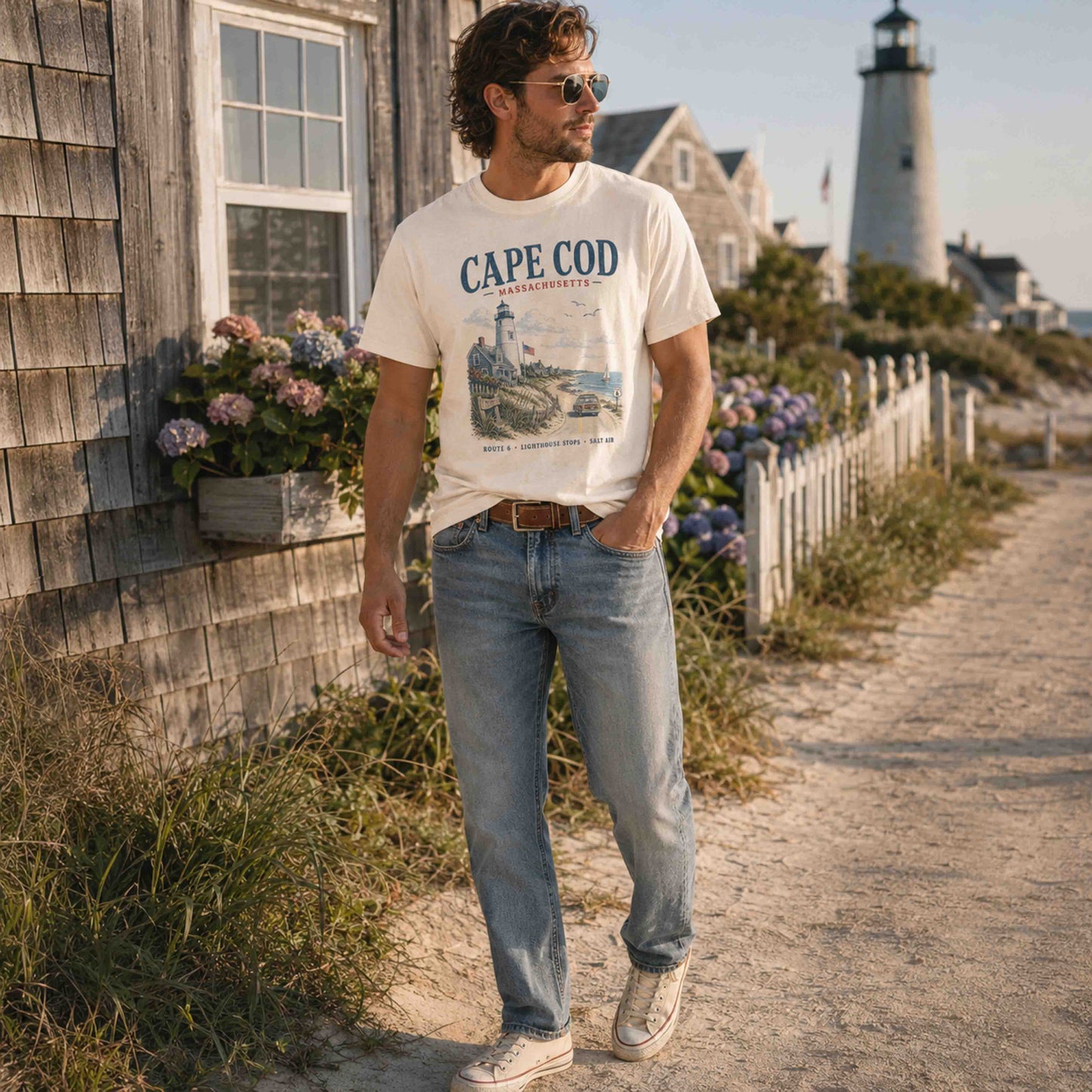 Male model wearing Ivory Cape Cod coastal graphic tee outdoors