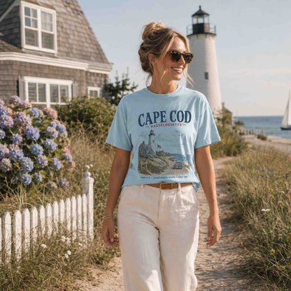 Female model wearing Chambray Cape Cod Massachusetts graphic tee near the beach