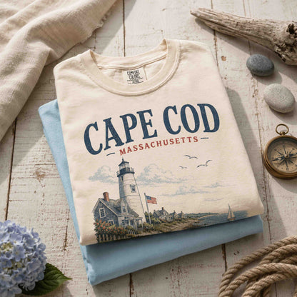 Folded Cape Cod Massachusetts graphic tee with vintage lighthouse artwork