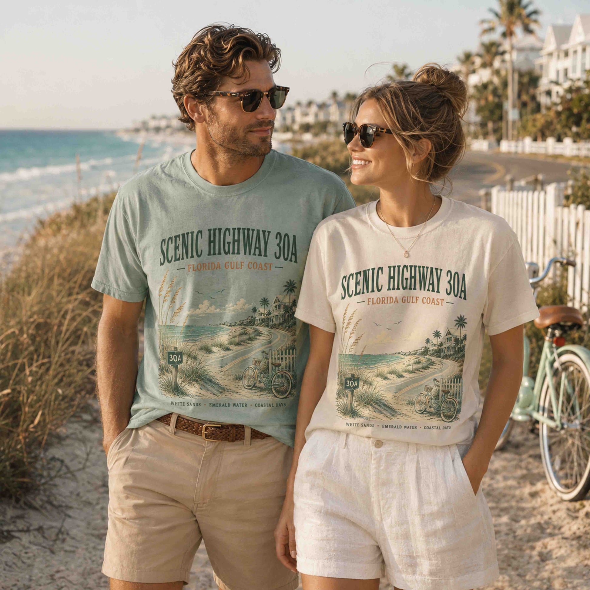 Couple wearing Scenic Highway 30A Florida graphic tees on a white sand beach