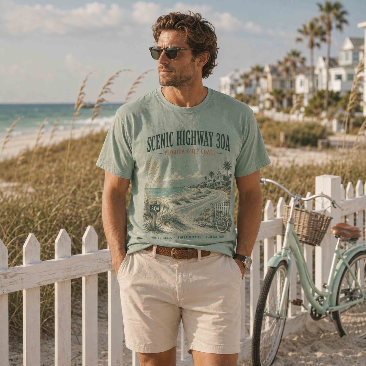 Male model wearing Bay Scenic Highway 30A graphic tee outdoors