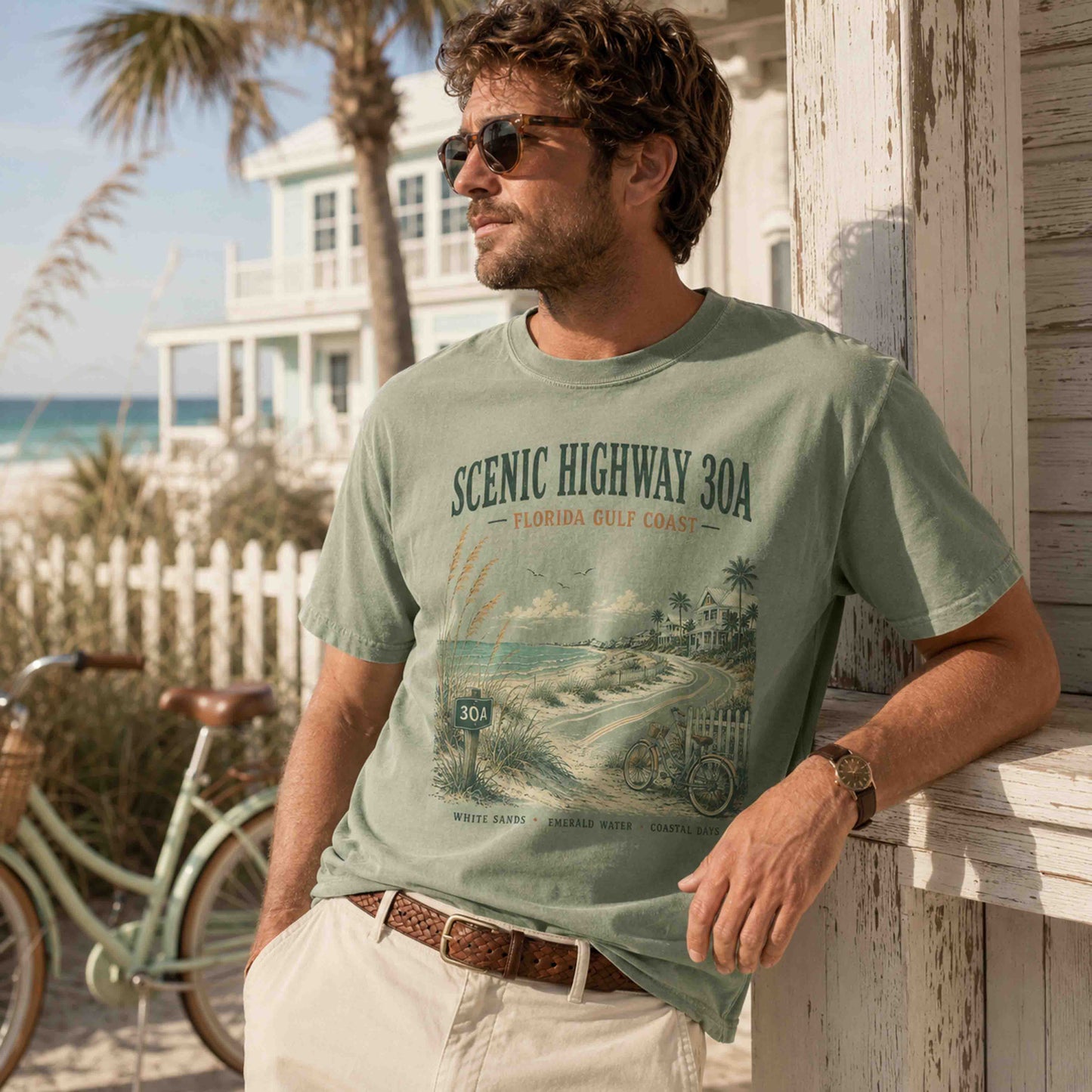 Male model wearing Ivory Scenic Highway 30A Florida shirt near the beach