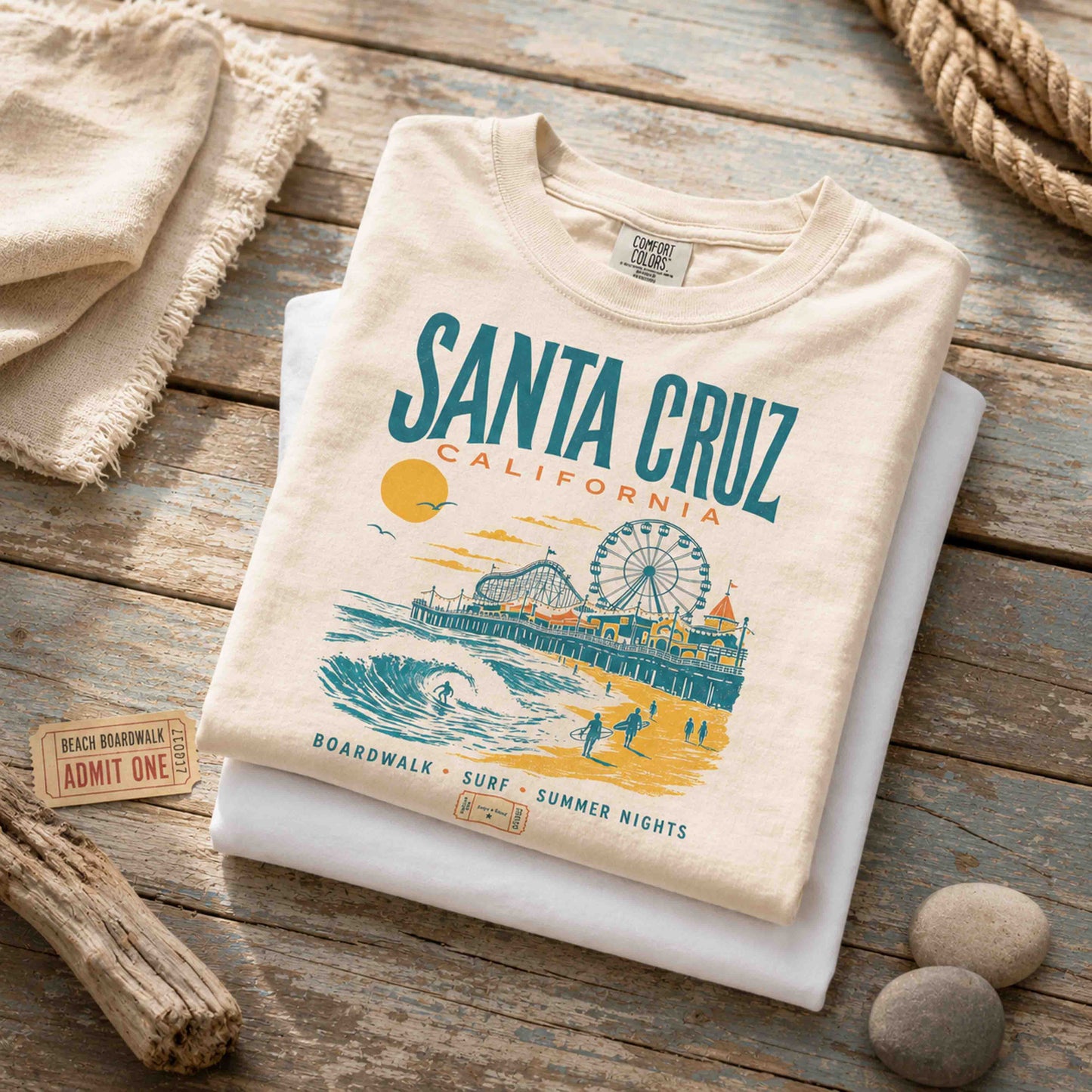Folded Ivory Santa Cruz California graphic T-shirt