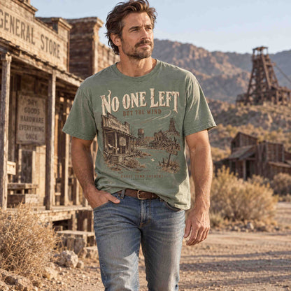No One Left But the Wind ghost town graphic tee in a vintage Western road trip inspired lifestyle scene
