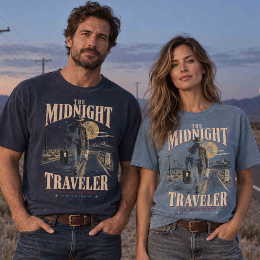 The Midnight Traveler Western Road Trip graphic tee with a lone traveler walking beneath a full moon