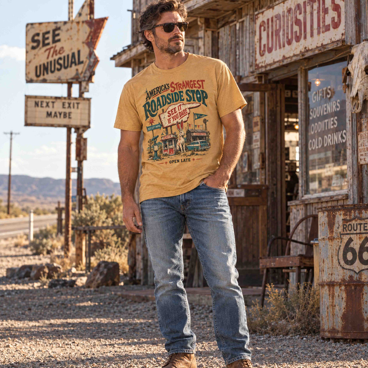 A man wearing a tan graphic t-shirt and blue jeans stands in a rustic, desert-themed western town street scene. The t-shirt features a vintage-style roadtrip graphic with the text 'America's Shortest Roadside Stop See The Stranger'.