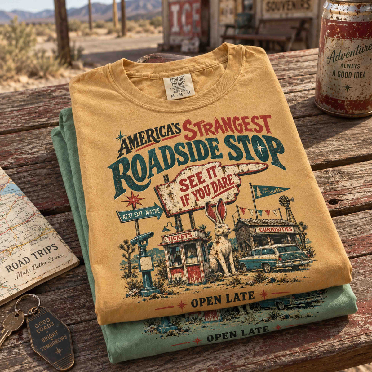 A folded graphic T-shirt in a rustic outdoor setting on a wooden table. The top visible layer is a mustard yellow shirt with a vintage roadside motel-style print reading 'America's Strangest Roadside Stop' and 'See It If You Dare,' with illustrated rabbit, car, and sign details.
