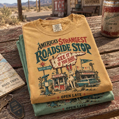 A folded graphic T-shirt in a rustic outdoor setting on a wooden table. The top visible layer is a mustard yellow shirt with a vintage roadside motel-style print reading 'America's Strangest Roadside Stop' and 'See It If You Dare,' with illustrated rabbit, car, and sign details.