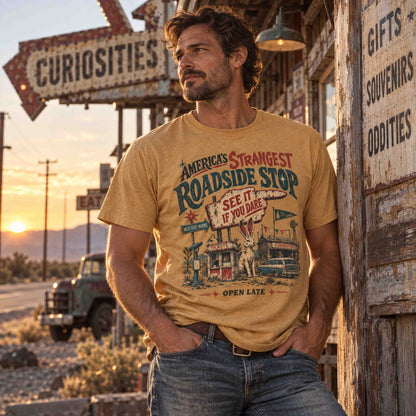 A man wearing a graphic t-shirt stands in front of a rustic western-themed building at sunset. The t-shirt is a warm tan color with a colorful retro graphic that reads 'AMERICA'S STRANGEST Roadside STOP SEE IT IF YOU DUE' and 'OPEN LATE'.