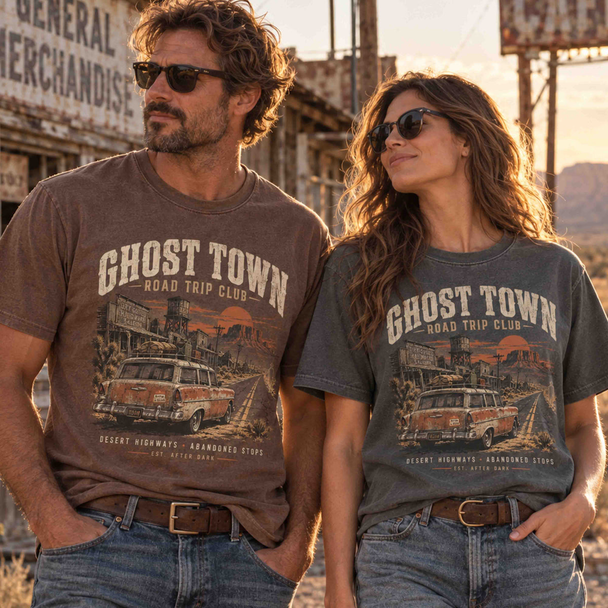 Man and woman wearing Ghost Town Road Trip Club graphic tees featuring a rusty vintage car, abandoned desert town and sunset highway artwork.