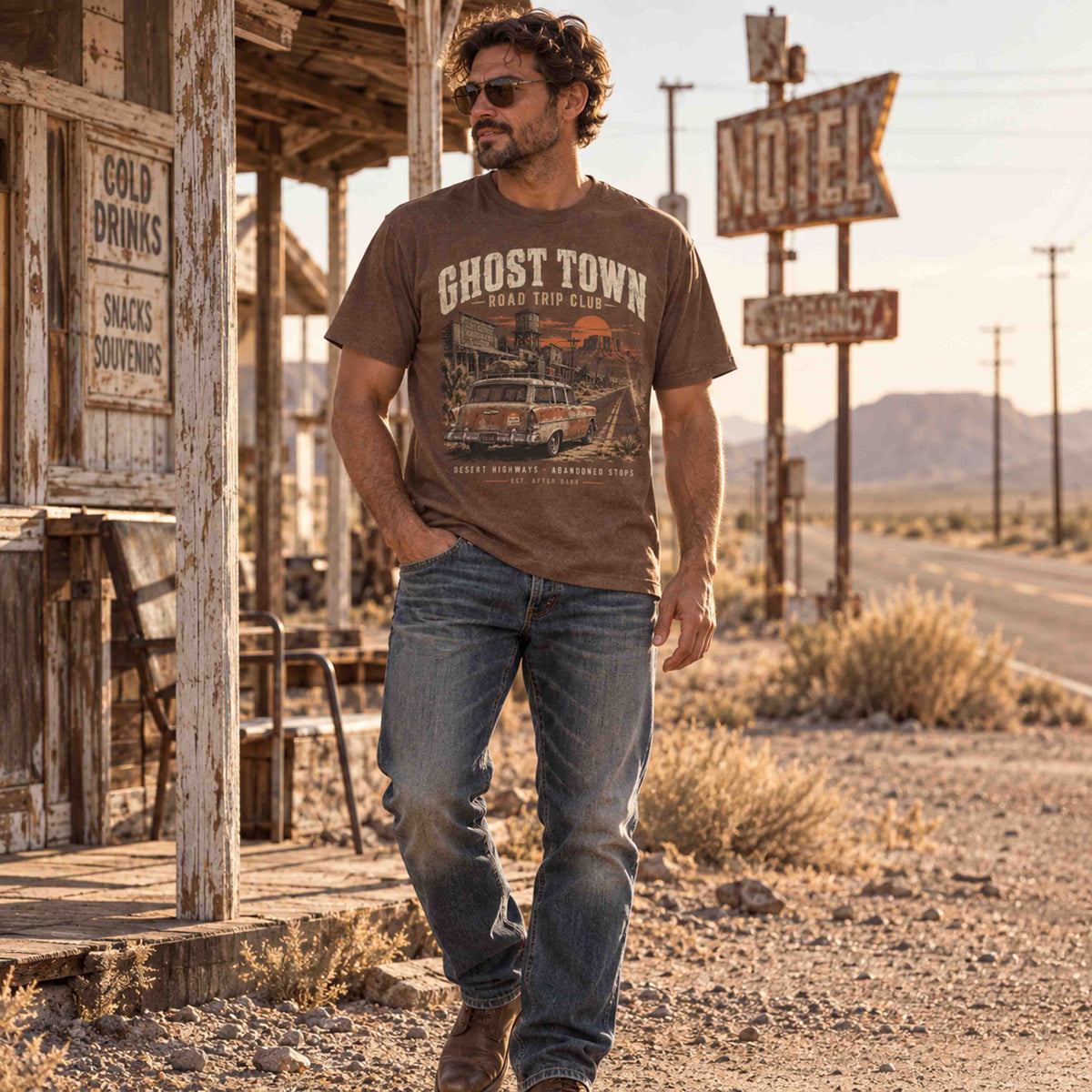 Man wearing the brown Ghost Town Road Trip Club shirt beside an abandoned roadside motel in the desert.