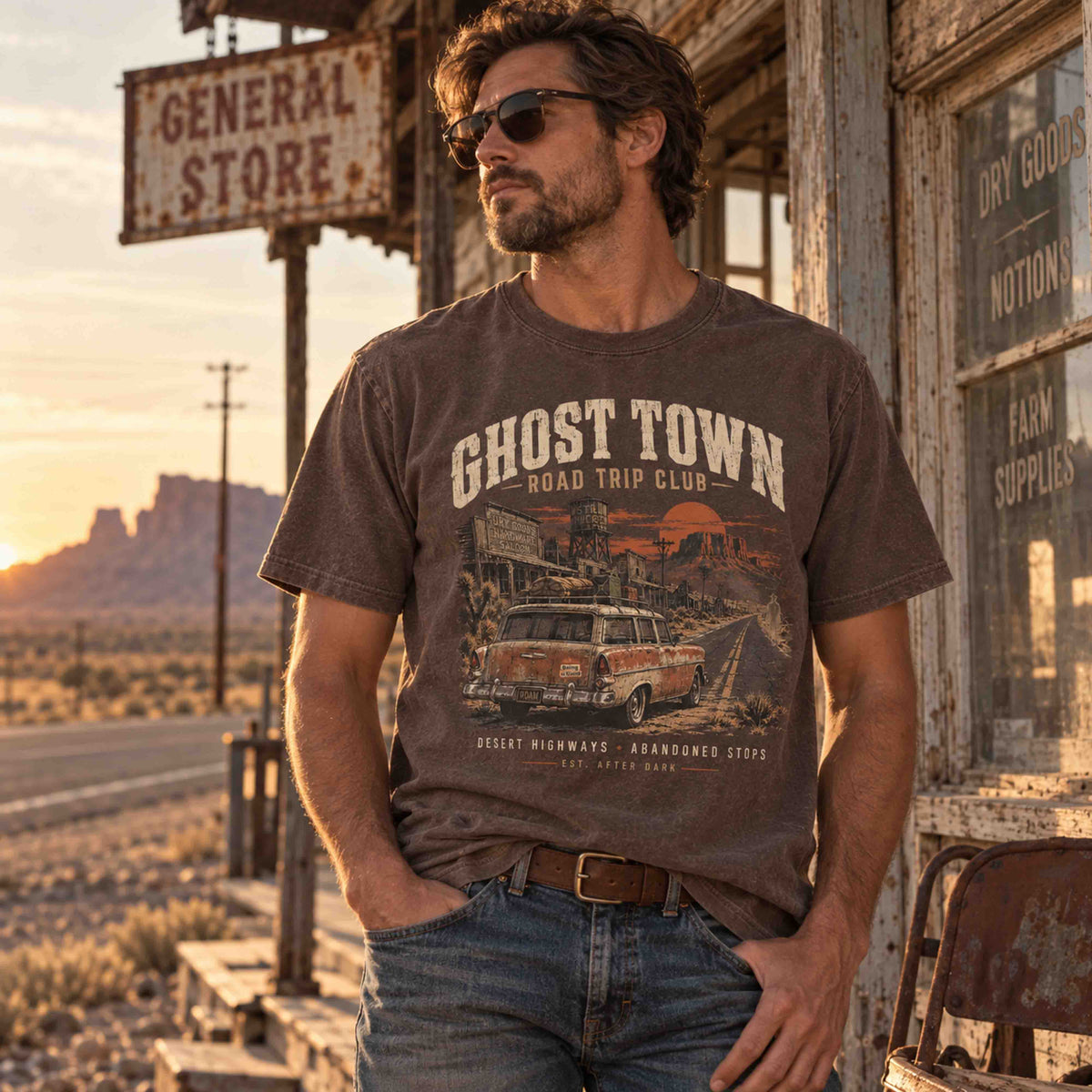 Man wearing the brown Ghost Town Road Trip Club tee beside an old general store at sunset.