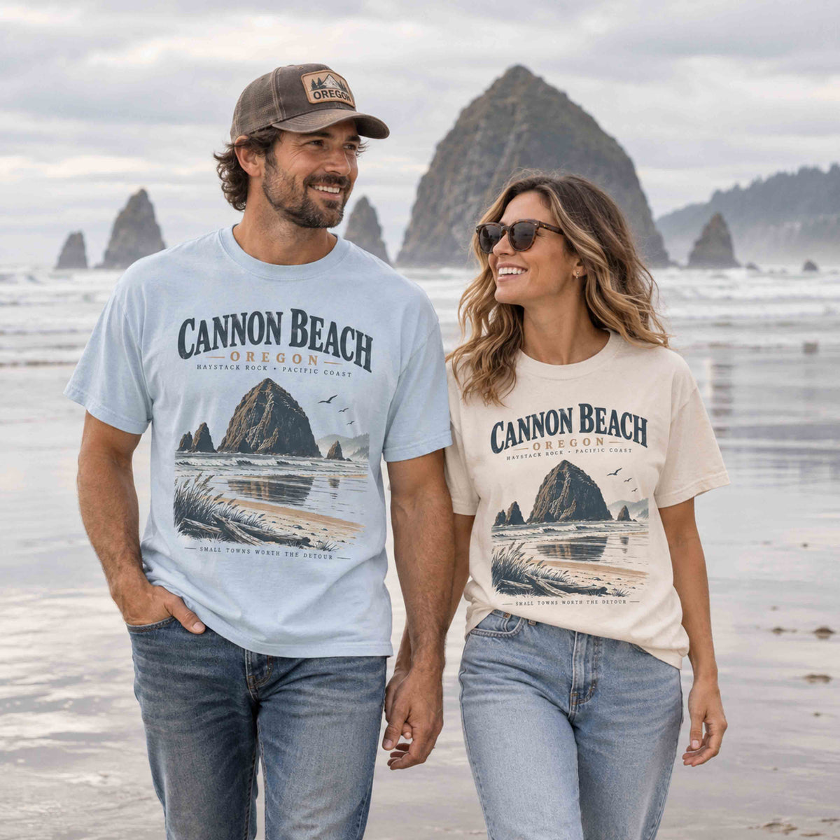 Cannon Beach Oregon coastal graphic tee with Haystack Rock, shoreline reflections, and Pacific Coast design.
