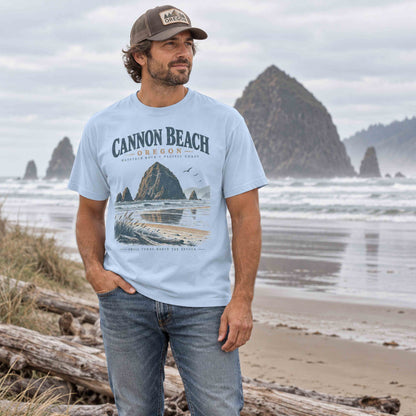 Cannon Beach Oregon graphic tee lifestyle image featuring Haystack Rock and Pacific Coast scenery.