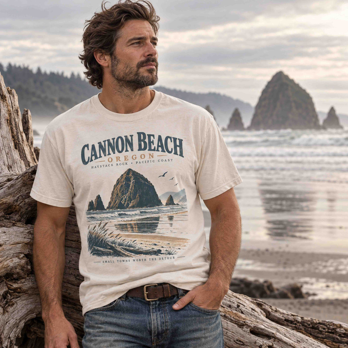 Vintage Cannon Beach Oregon travel graphic tee inspired by Haystack Rock and the Pacific Northwest coast.