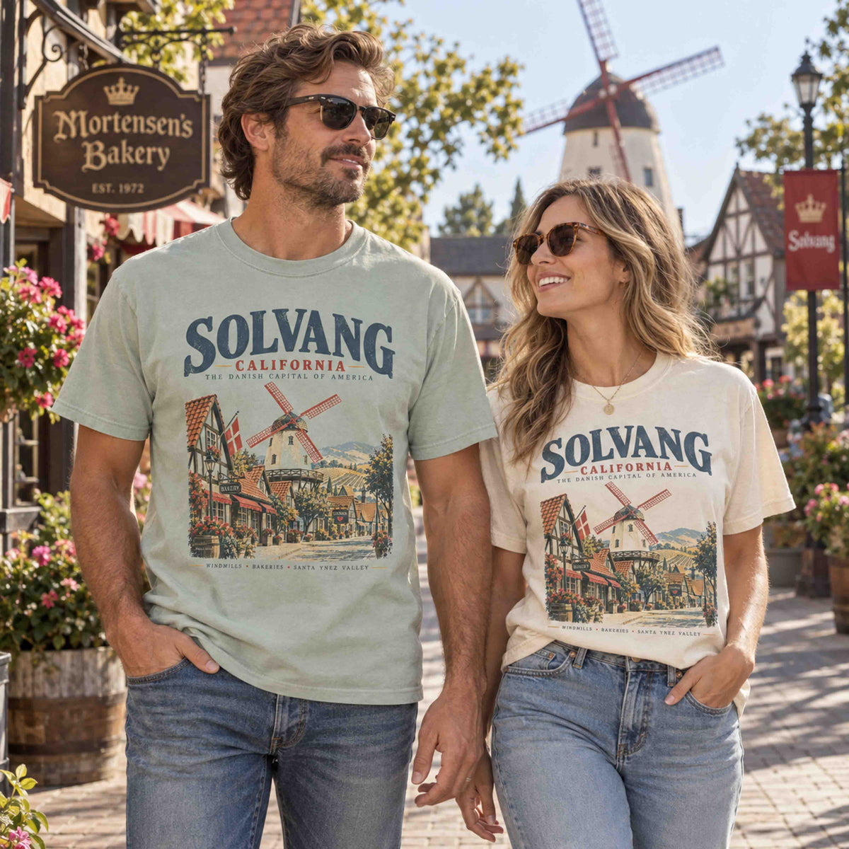 Solvang California Danish Windmill Santa Ynez Valley graphic tee shown in Bay