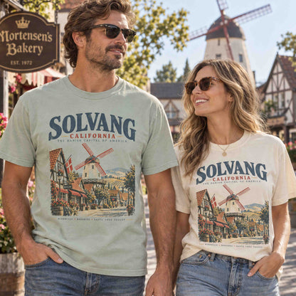 Solvang California Danish Windmill Santa Ynez Valley graphic tee in Ivory with vintage village artwork