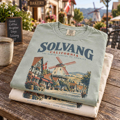 Close-up of vintage Solvang California tee artwork with Danish windmill and village architecture
