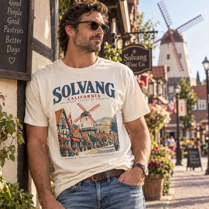 Solvang California souvenir graphic tee with distressed Danish heritage and windmill design