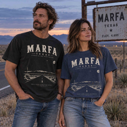 Marfa Texas Lights in the High Desert graphic tee shown in alternate color with vintage West Texas road trip design