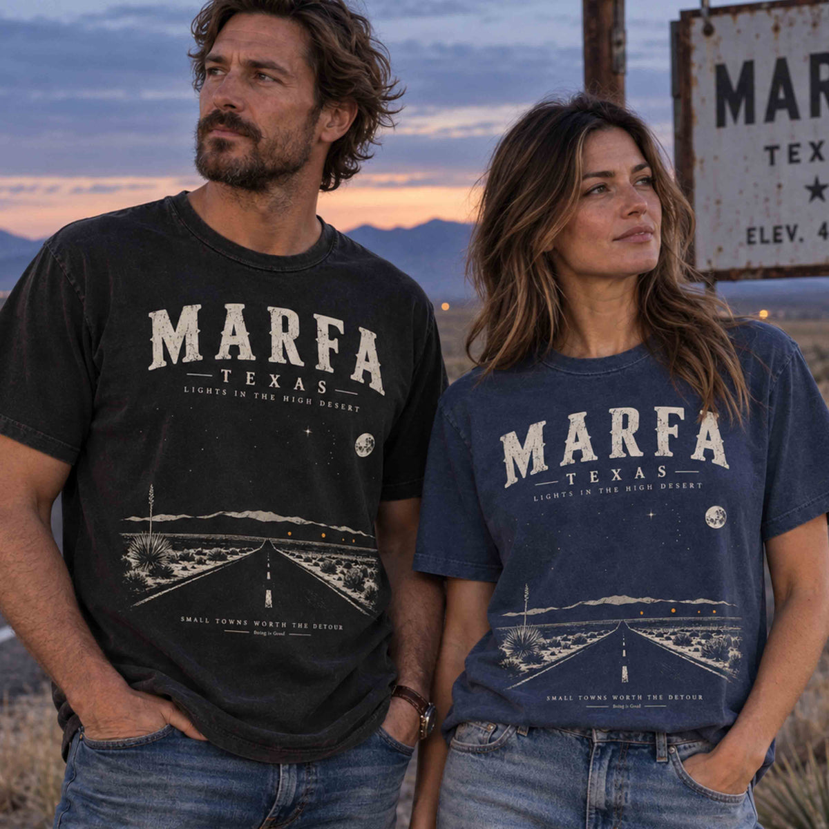 Marfa Texas Lights in the High Desert graphic tee featuring desert highway, mountains, agave plants and starry West Texas sky