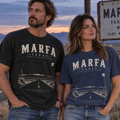 Marfa Texas Lights in the High Desert graphic tee featuring desert highway, mountains, agave plants and starry West Texas sky
