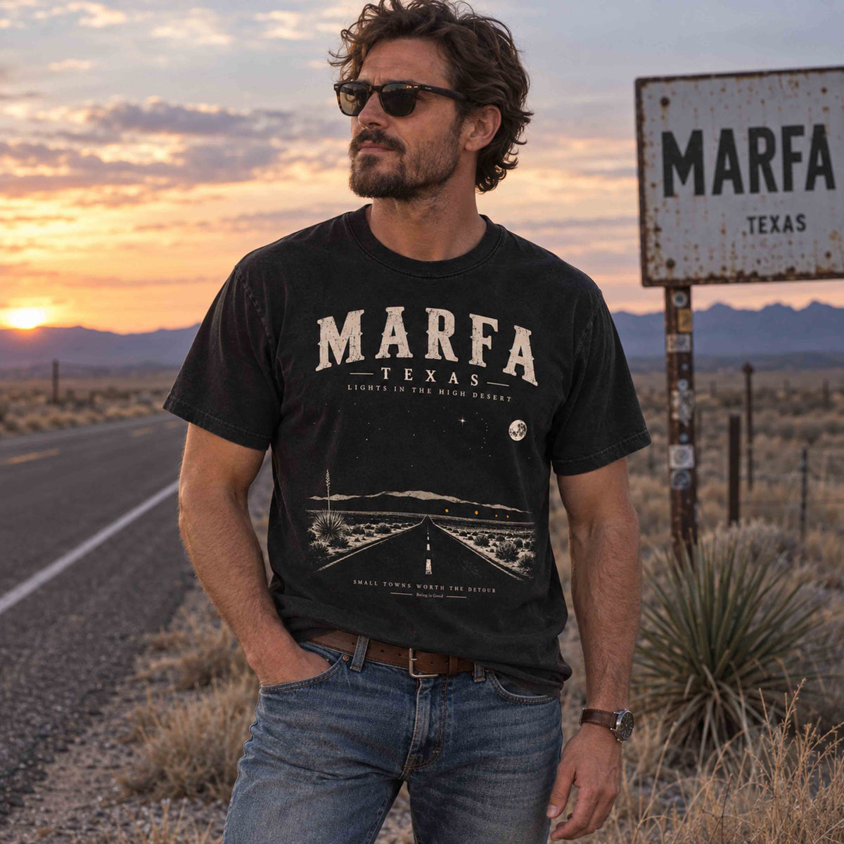 Marfa Texas graphic tee lifestyle image featuring West Texas desert scenery and Lights in the High Desert road trip artwork