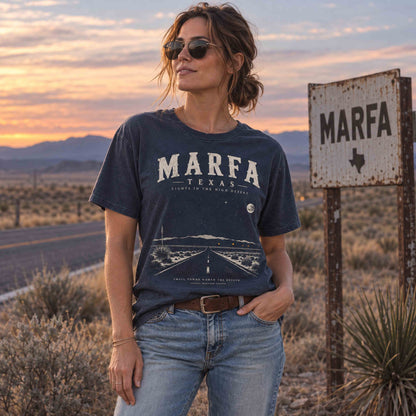 Marfa Texas road trip tee lifestyle photo with vintage high desert artwork inspired by the legendary Marfa Lights