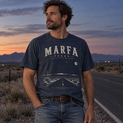 Marfa Texas graphic tee outdoor lifestyle image inspired by West Texas high desert travel and the mysterious Marfa Lights