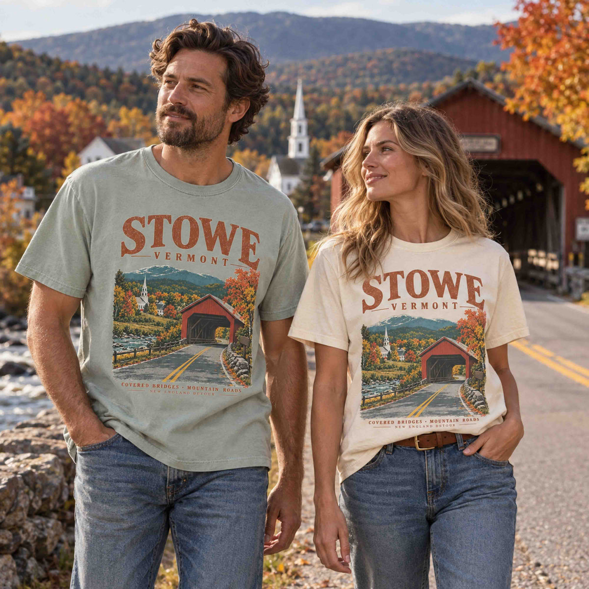 Stowe Vermont covered bridge fall foliage graphic tee shown in alternate color with vintage New England travel artwork