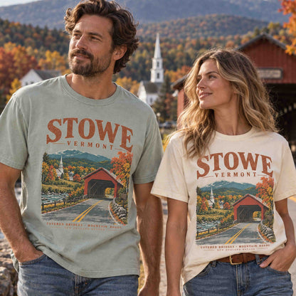 Stowe Vermont covered bridge fall foliage graphic tee featuring mountain road, church steeple and colorful New England autumn scenery