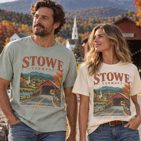 Stowe Vermont covered bridge fall foliage graphic tee featuring mountain road, church steeple and colorful New England autumn scenery