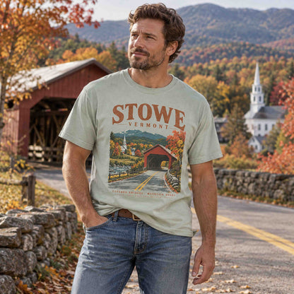 Stowe Vermont fall foliage tee lifestyle photo inspired by covered bridges, mountain roads and autumn travel in New England