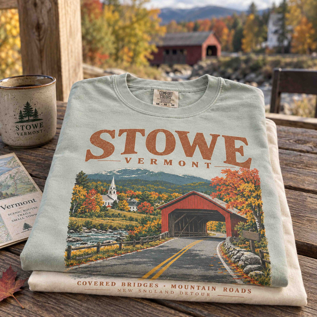 Stowe Vermont covered bridge graphic tee in fall setting with mountain road, river and vibrant New England foliage
