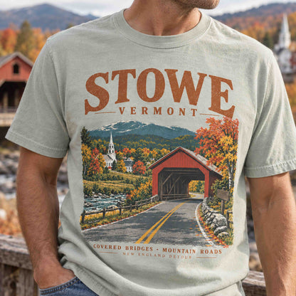 Stowe Vermont fall foliage graphic tee lifestyle image with covered bridge, mountain road and classic New England autumn scenery