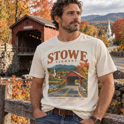 Stowe Vermont road trip graphic tee outdoor lifestyle image with covered bridge and scenic New England fall foliage