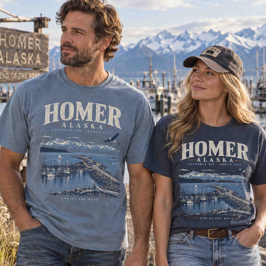 Homer Alaska graphic tee in Blue Jean and Navy featuring Kachemak Bay, Homer Spit harbor, mountains and eagle