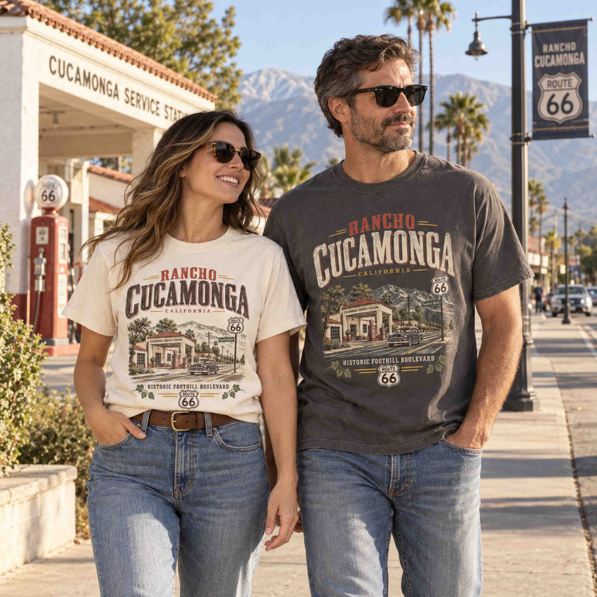 Rancho Cucamonga California Route 66 graphic tee featuring vintage roadside artwork, Foothill Boulevard, and historic travel design.